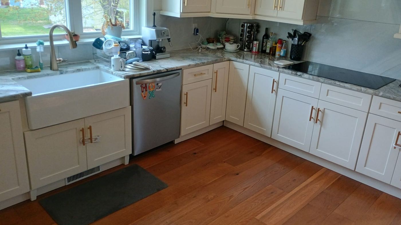 Kitchen after cleaning, clear counters and shining floor